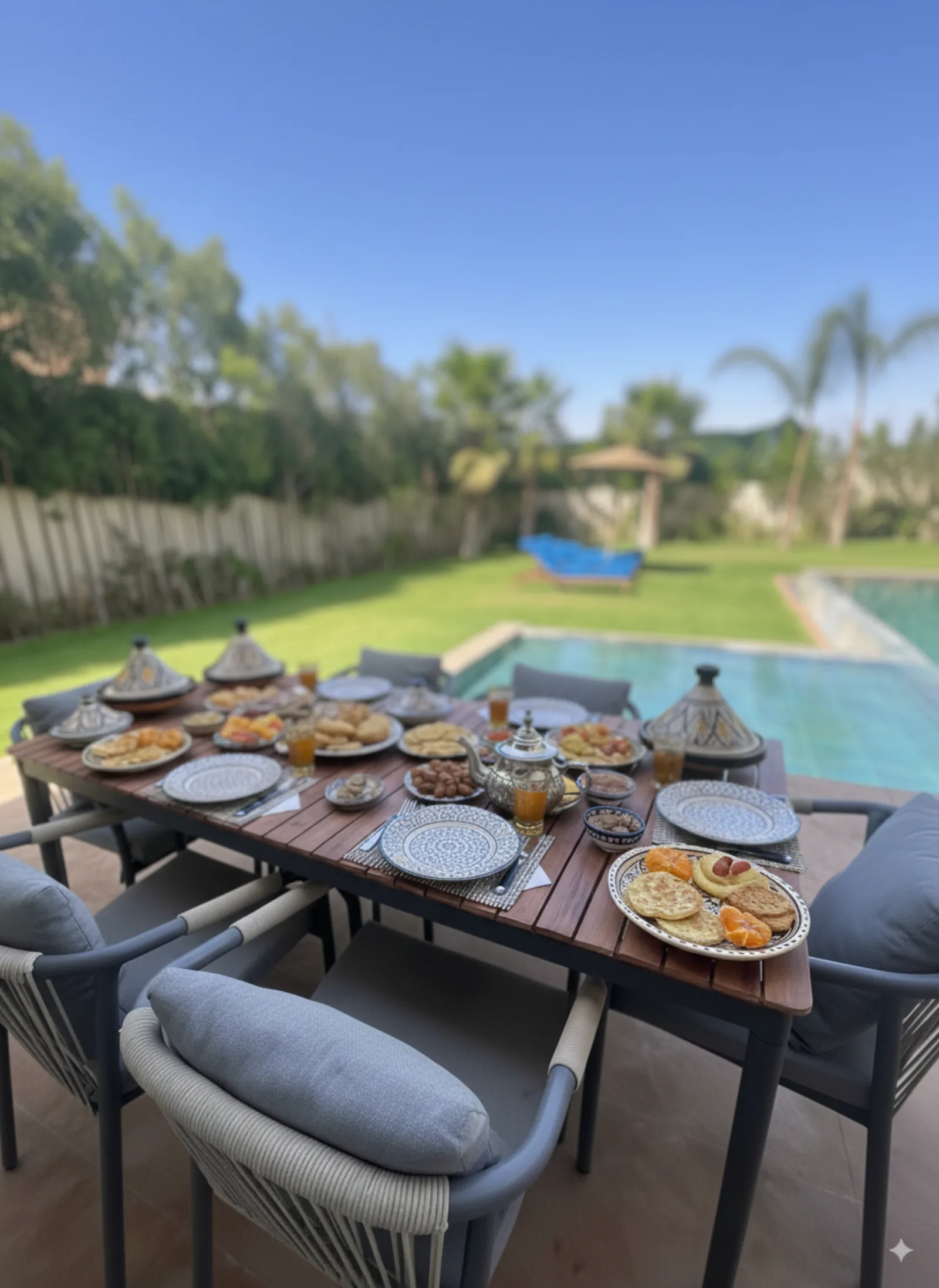 Petit-déjeuner servi au bord de la piscine Villa Azur