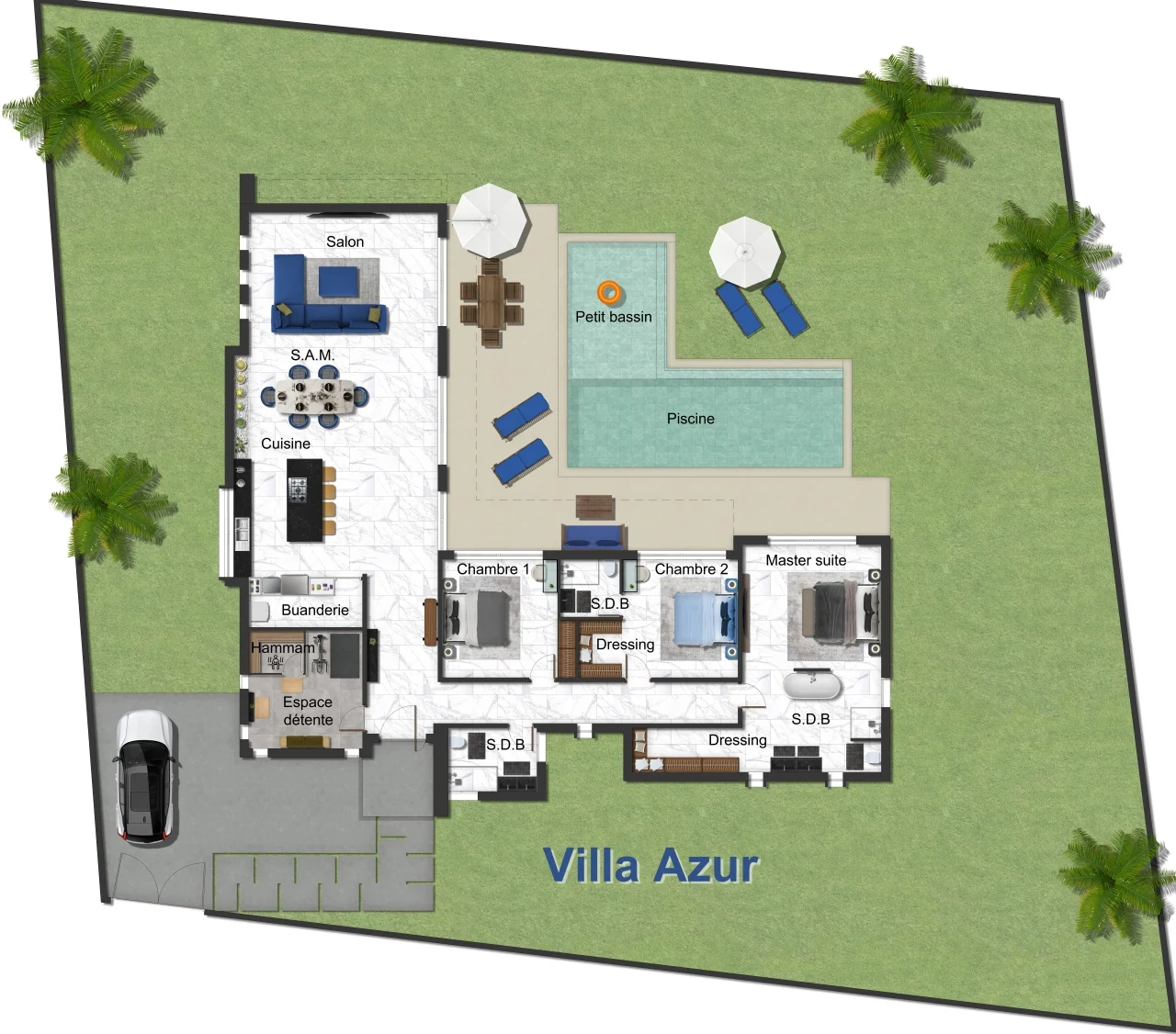 Plan d'ensemble Villa Azur Marrakech — 4 chambres, piscine, hammam